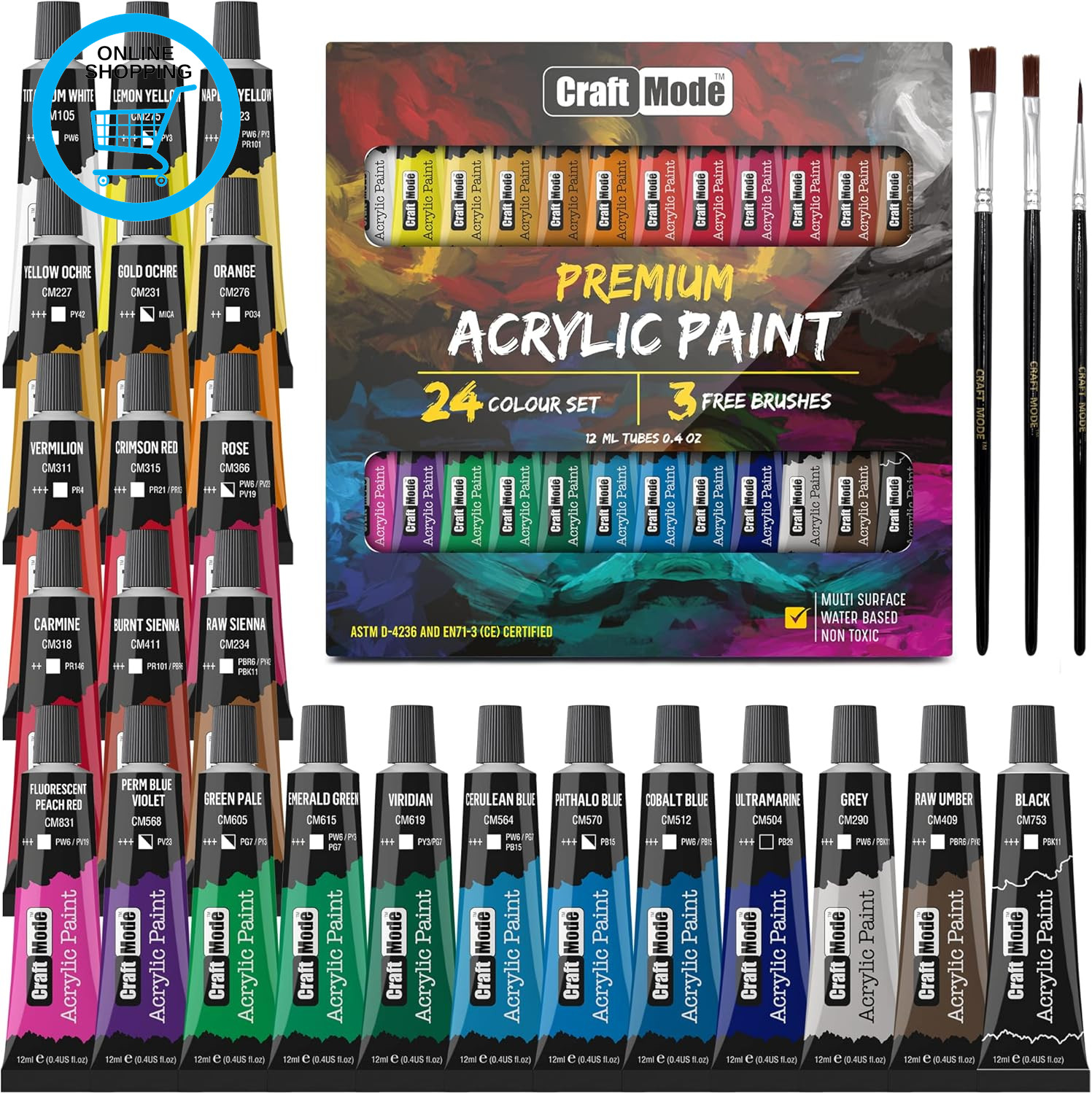 Acrylic Paint Set 24 12Ml Perfect for Canvas, Wood, Ceramic, Rock, Fabric & Craf