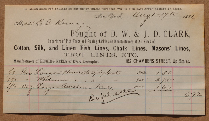 1886 D.W. & J.D. Clark New York Fishing Tackle Invoice Fish Lines Reels Billhead