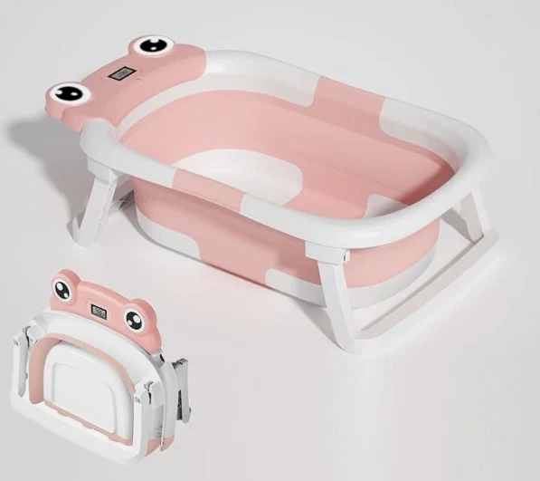 Foldable Baby Bathtub Infant Bath Tub Cushion Thermometer Portable 0-1 year Pink