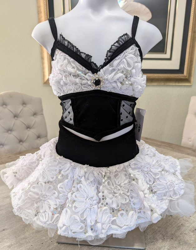 Girls Black & White 2-Piece Dance Costume Sequin Lace Crop Top Tutu Skirt CL