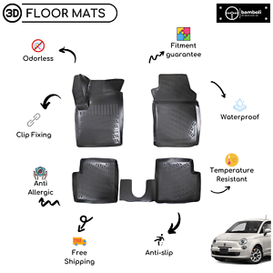 Fiat 500 2007-2013 DELUXE Tailored Car Mats Black Set Genuine Fits with Clips