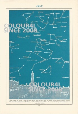THE STARS IN JULY MAP BLACKPOOL TOWER SAGITTARIUS c 1950 ILLUSTRATION PRINT