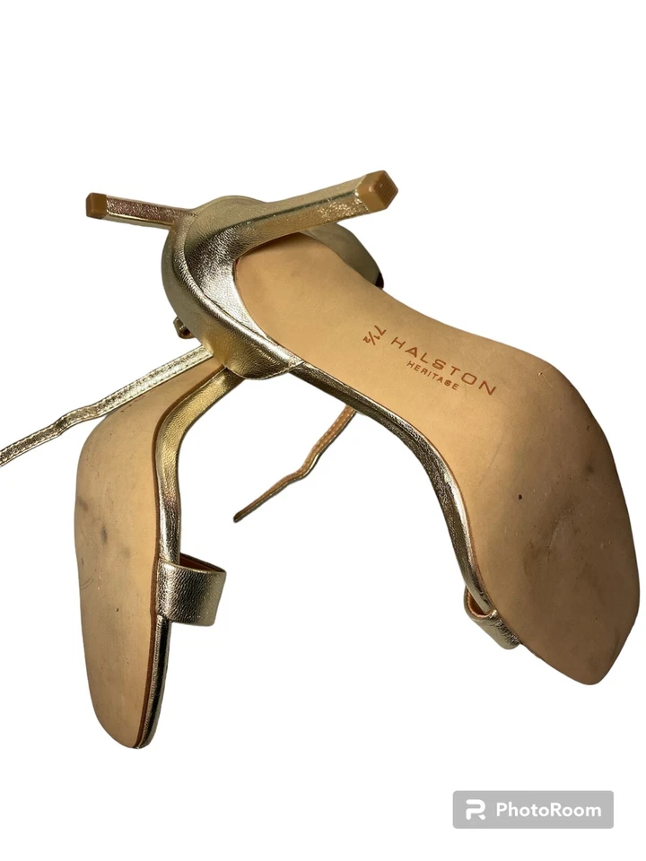 HALSTON HERITAGE Isla Gold Metallic Leather Strappy Sandal Heels Womens - Image 3 of 4