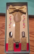 Suspenders and Bowtie Gold Glitter Boxed Gift Set Holiday Toddler Kids Shimmer