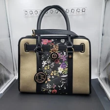 Dasein Womens Fashion Large Faux Leather Satchel Handbag Floral Black Gold tone