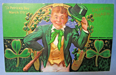 Vintage Erin Go Bragh HEAVY GOLD Shamrocks Horseshoe St Patrick's Day Postcard