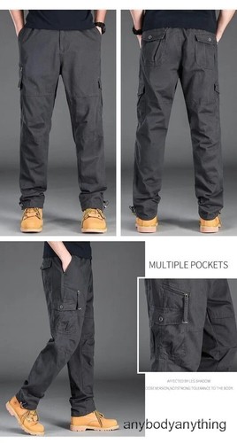 Hombres Pantalones de Carga Informales Cremallera Multi-bolsillo Rectos Pantalones Sueltos Cintura Elástica - Imagen 20 de 28