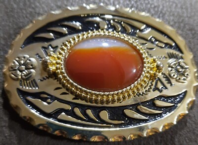 Vintage Gold Tone Western Belt Buckle with Large Oval Stone Cabochon Vintage Gold Tone Metal Belt Buckle With Faux Agate Stone  main image 4