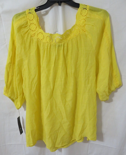 NWT AGB Women 3/4 Sleeve Square Neck Eyelet Lace Trim Tunic Top Yellow Color 2X - Picture 3 of 6