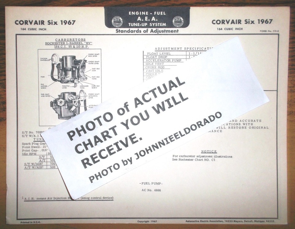 1967 Chevrolet Corvair SIX Series 164 Cubic Inch Models AEA Tune Up ...