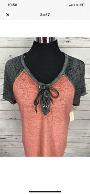 Bobbie Brooks Size Large Lace Up Coral and Gray Raglan Shirt