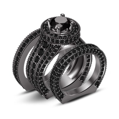 2CT Round Lab Created Diamond Bridal Wedding Engagement Ring 14K Black Gold Over