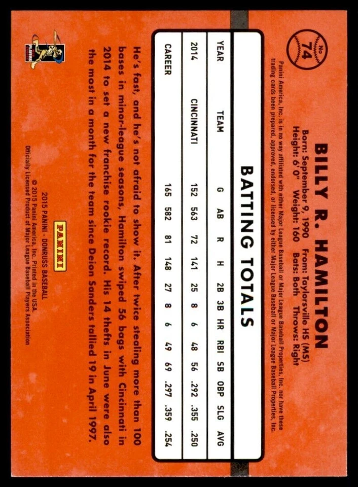 Tarjeta de béisbol Donruss Billy Hamilton 2015 Cincinnati Reds #74 Foto 2 de 2