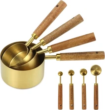 8-Piece Stainless Steel Measuring Cups and Spoons Set - Non-Slip Solid Wood Hand