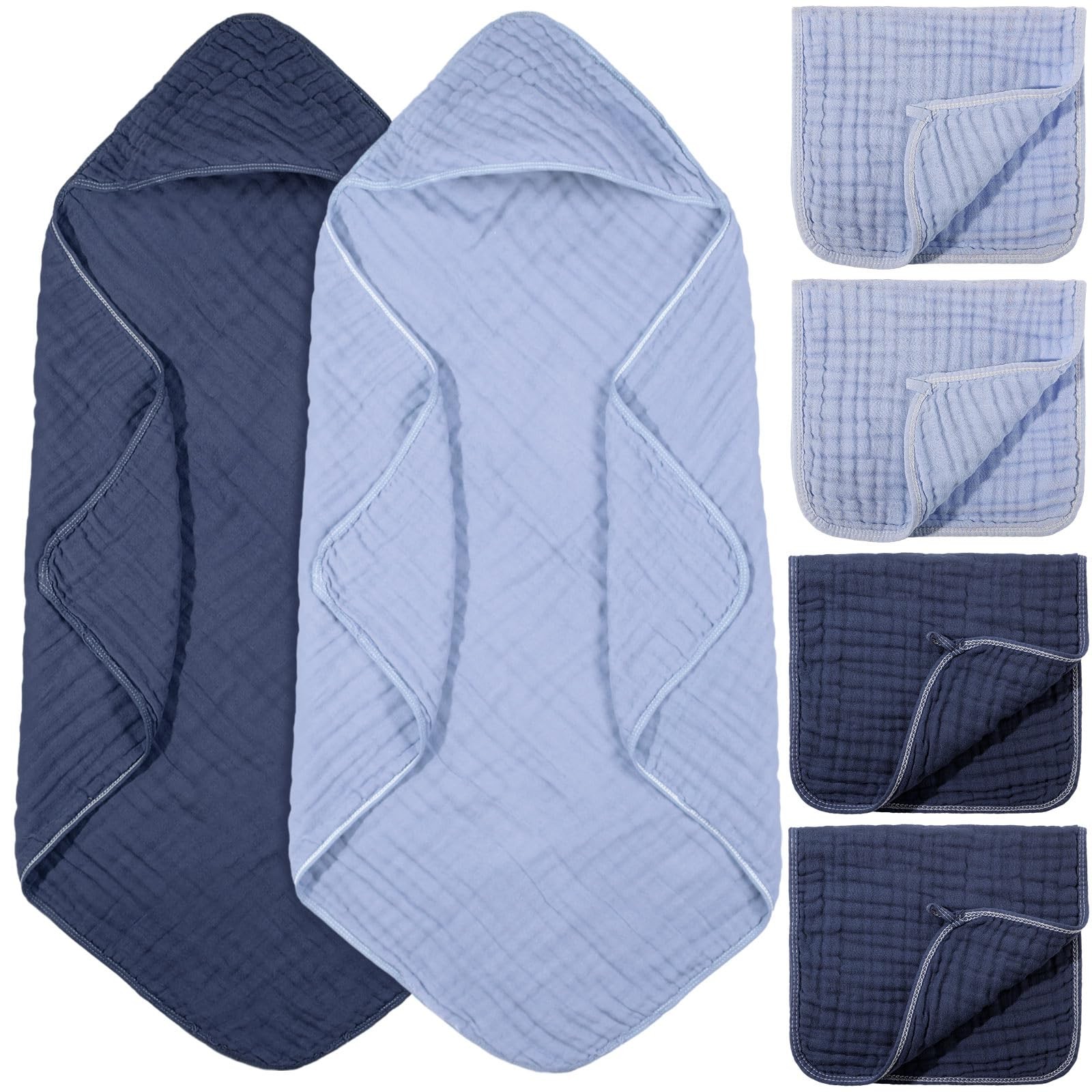 6-Piece Baby Muslin Hooded Towel Set with Washcloths, 32x32 Inch Soft Cotton