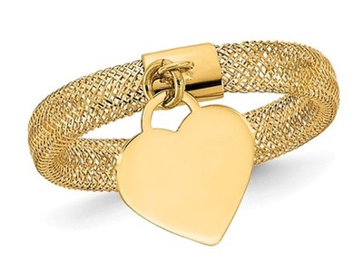 14K Gelbgold geflochten Mesh poliert Herz Charm Ring