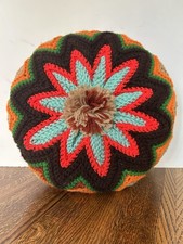 Hand Crochet 13" Round Throw Accent Pillow Orange Green Brown Star Double Sided