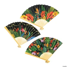 Fun Express 10" Tropical Nights Tropical Flowers Folding Hand Fans - 12 Pieces