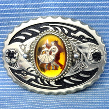 Country Western Dancing Belt Buckle Floral Scroll Resin Mount Vtg 80s  .CPA708