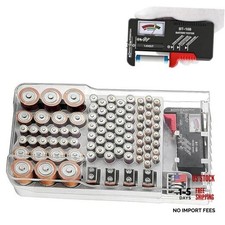 Battery Holder Organizer Storage Box Clear Lid, with a Tester for Drawer,