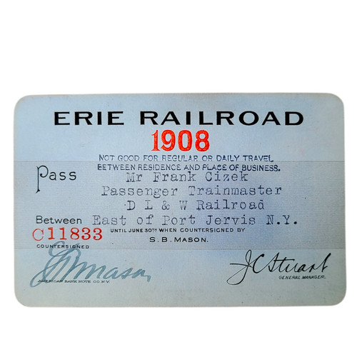 1908 Erie Railroad Pass for East of Port Jervis NY Vintage