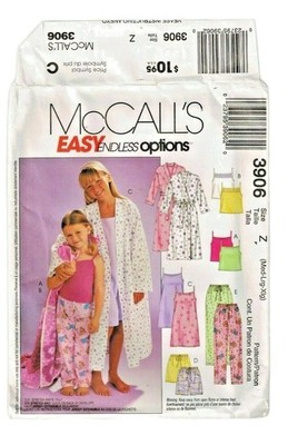 McCalls 3906 Girls Pajamas Size M-XL Cami Robe Gown Tops Shorts Pants Uncut Patt