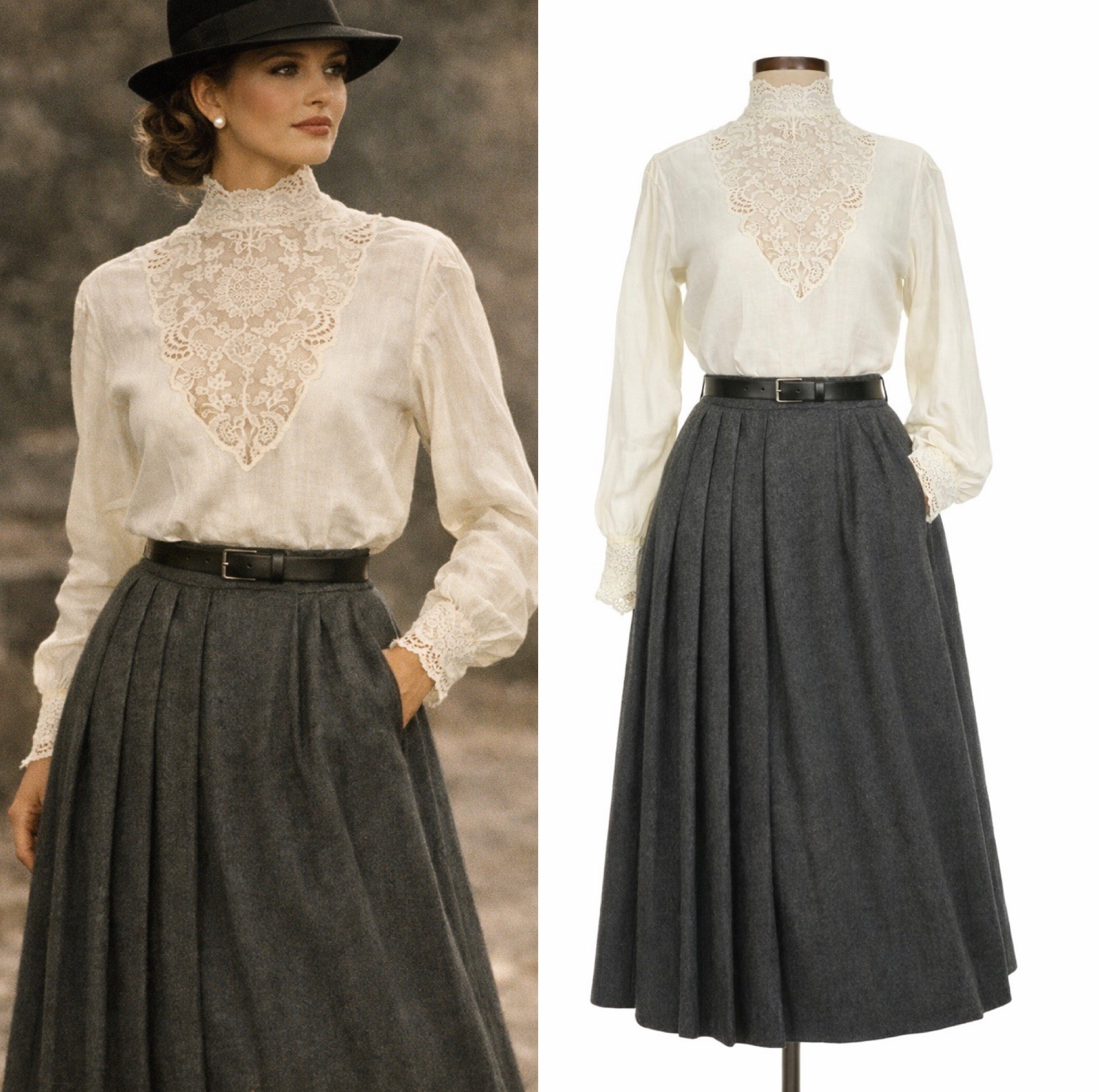 Vintage Ralph Lauren 80s Wool Midi Skirt & Linen Lace Blouse Victorian Romantic