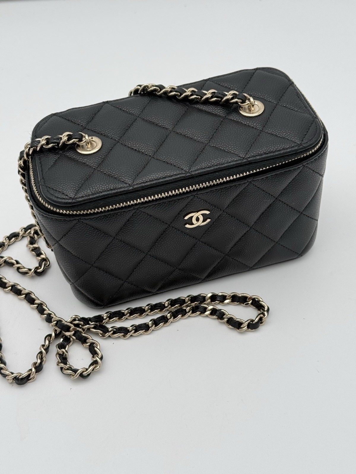 Chanel Small Vanity Case Black Quilted Caviar Leather Mirror Chain Gold Hardware