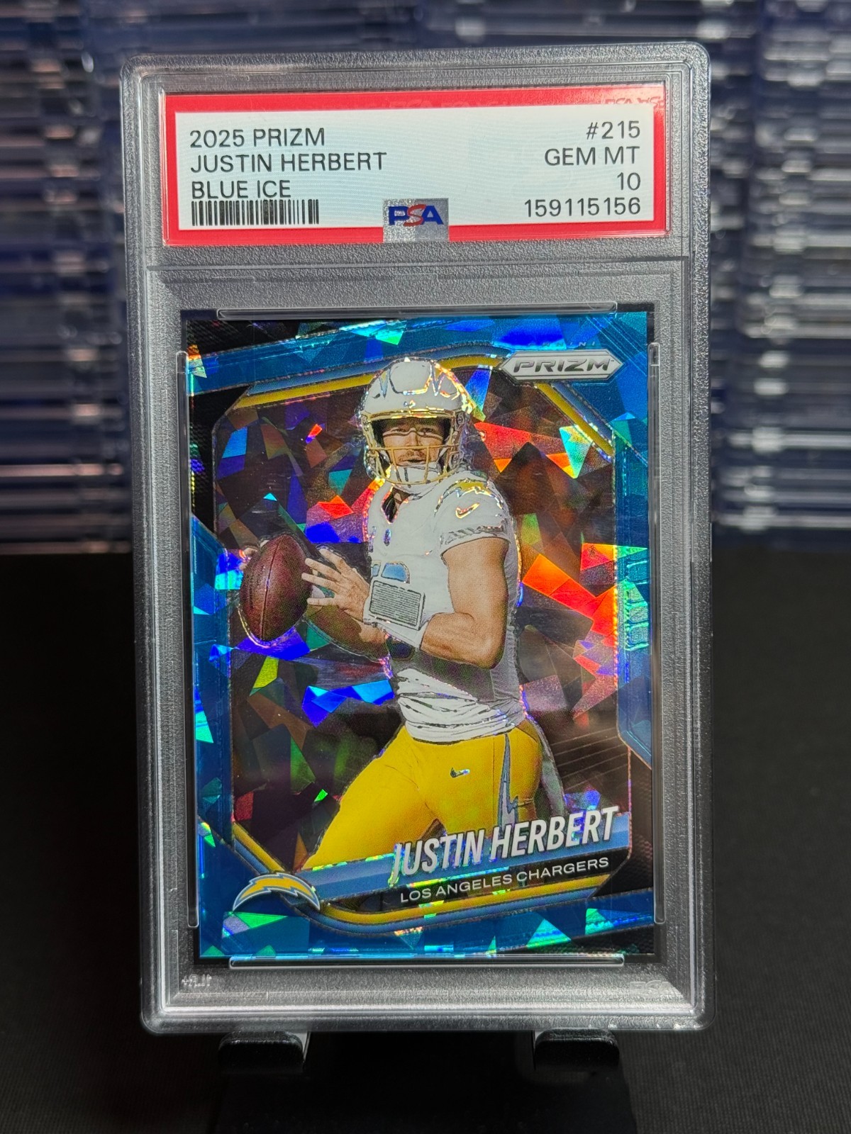 JUSTIN HERBERT 2025 PANINI PRIZM BLUE CRACKED ICE SP /99 PSA 10