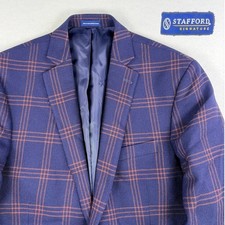 Stafford Signature Mens 42L Slim Fit Wool Sport Coat Windowpane Plaid Navy/Rust