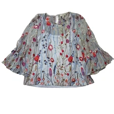 Cynthia Rowley Sheer Floral Embroidered Top 3/4 Bell Sleeves Nylon Mesh Size XL