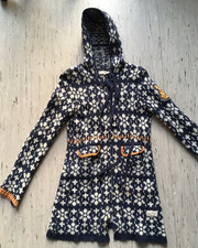 Odd Molly Strickjacke XS blau weiß orange Akzente 80% Lammwolle Strickmantel