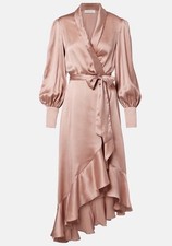ZIMMERMANN Asymmetric Silk Satin Wrap Dress Rose Ruffle Midi Size 3 or US 10