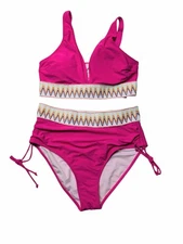 NWT Blooming Jelly Hot Pink 2 Piece Bikini Colorful Sz L Low Cut V Neck NWT