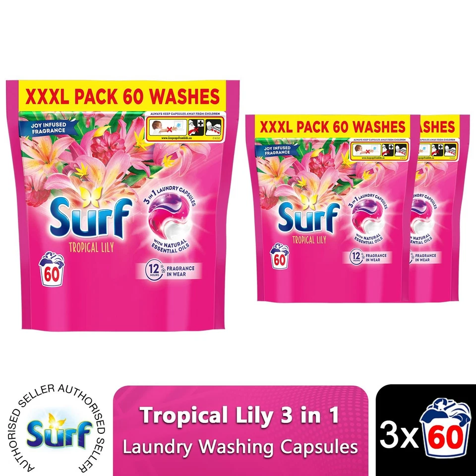 Surf 3 in 1 Laundry Washing Detergent Capsules Tropical Lily, 180 Washes