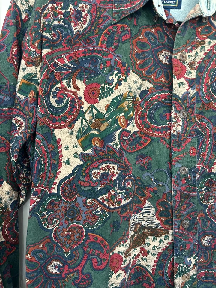 复古 Chaps Ralph Lauren 衬衫男式中号 Safari 纽扣 90 年代佩斯利 — 第 3/4 张图片