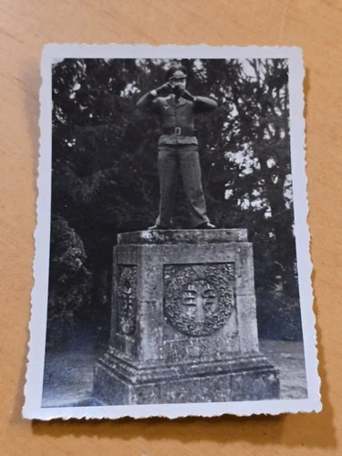 Wehrmacht officer w camera on monument WW2 WWII German Military Wartime Photo