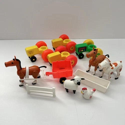 Vintage Fisher Price Little People Farm Lot Animals Tractor Cart