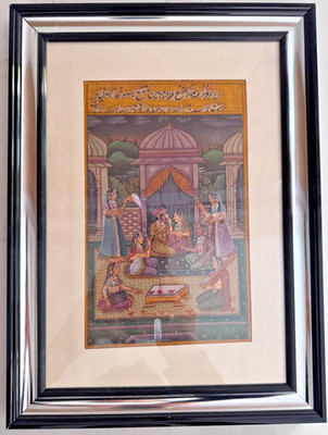 Indische Jaiper Schule Gouache Gemälde auf Seide Antik Hof Szene Musiker