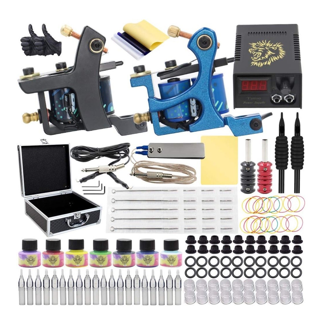 Autdor Complete Tattoo Kit Inc Gun, 7 Color Ink Needles Tips Grips Power Supply