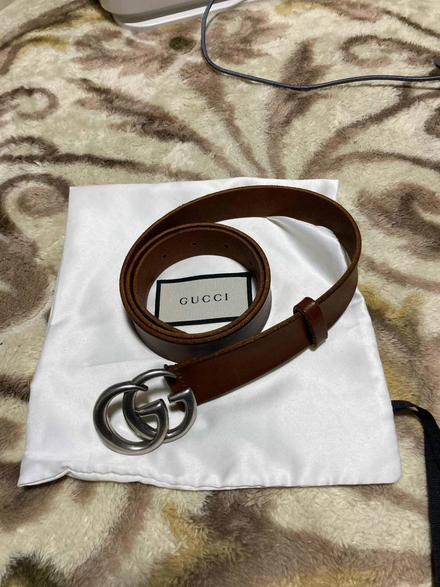 Gucci Ceinture Double G Homme Cuir Marron Argent Boucle 36in Occasion