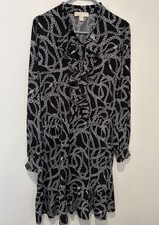 Michael Kors Woman’s Fit Flare Dress Black White Chain Logo Pattern Large