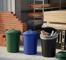 Image of 3 x Plastic 50L Dustbin Storage Heavy Duty with Lids Black Sky Blue & Dark Green