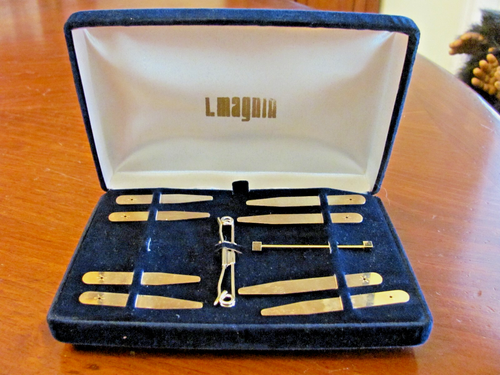 VINTAGE "I.MAGNIA" HERRENHEMDEN 8 KRAGENSTREBEN, KRAWATTENKLAMMER KRAWATTENNADEL SET NEU IM KARTON