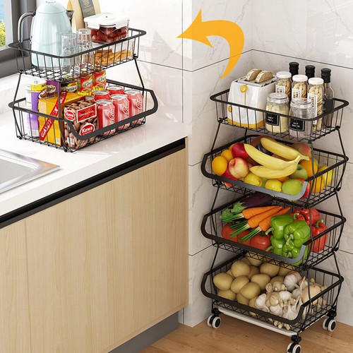 STORAGE STACKING WIRE BASKET STACKABLE SHELVES VEGETABLE FOOD KITCHEN RACK WHEEL - Picture 10 of 43