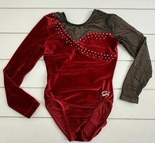 GK ELITE AS Adult Small Red Velour Black Sheer Rhinestone Competition Leotard