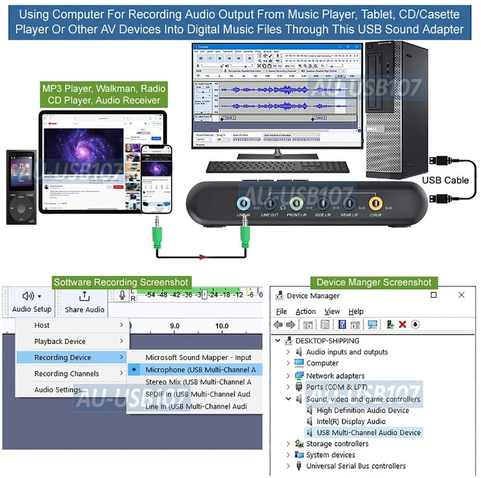 USB 7.1 Channel Surround Sound Adapter With Volume Control Optical Audio Input - Image 3 of 4
