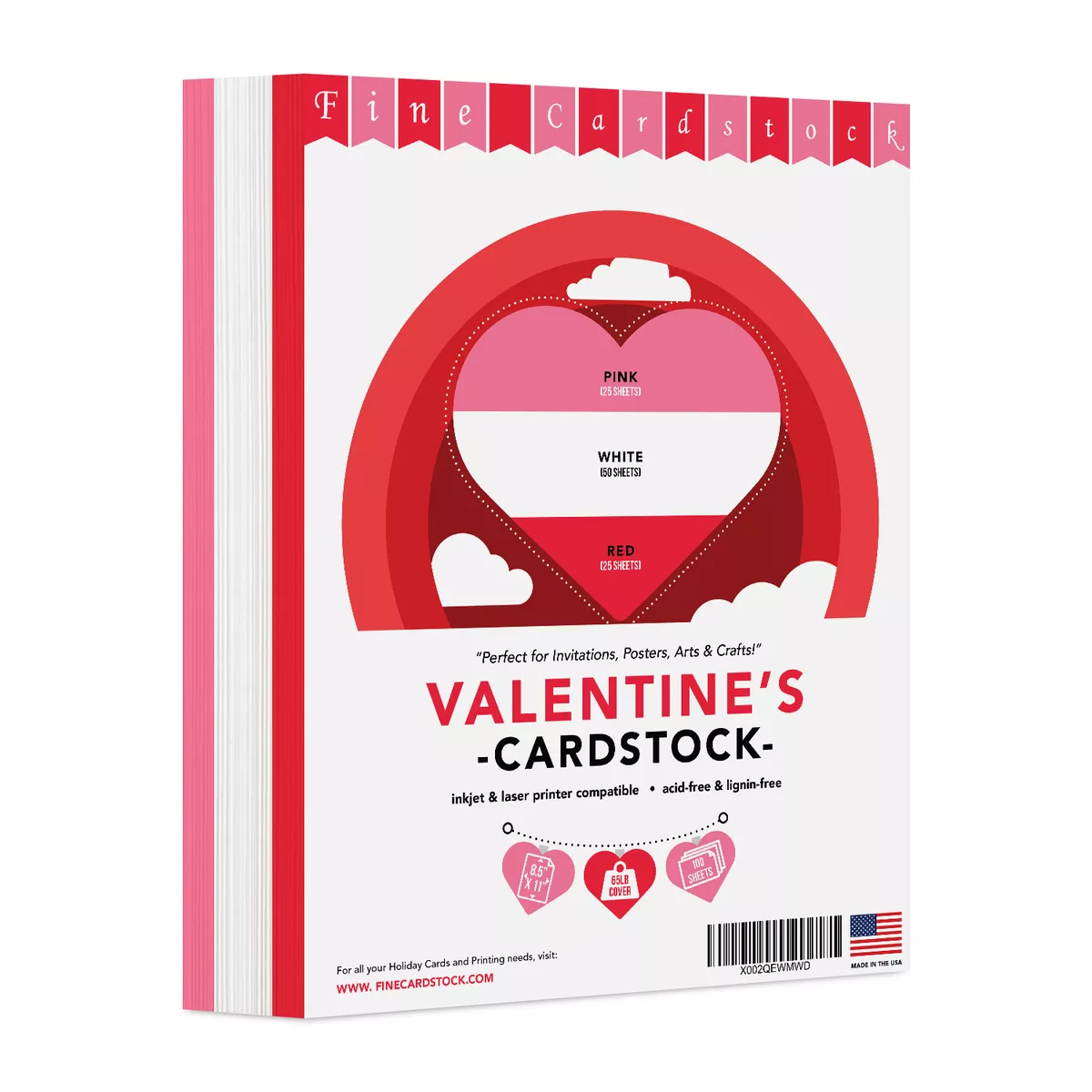 8.5 x 11 Valentine's Color Cardstock Paper, 25 Red, 25 Pink, 50