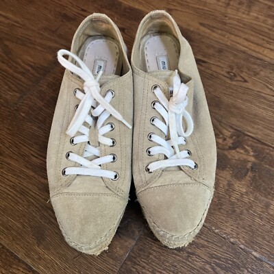 MIU MIU beige suede espadrille platform lace- up sneakers sz 38