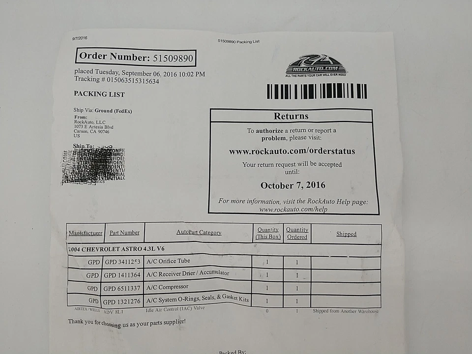 Secador de compresor de aire acondicionado GDP nuevo Global 6511337 junta de orificio 2004 Astro Foto 2 de 4